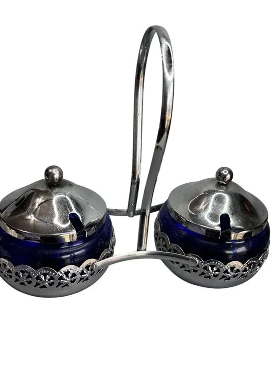 Mayell England Cobalt Blue Glass Double Condiment Jam Jar Set Silverplate 9 1/2" - Picture 5 of 7